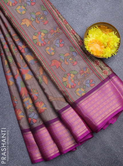 Semi kanchipuram silk saree grey and purple with allover digital prints and zari woven border