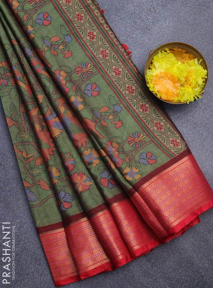 Semi kanchipuram silk saree green shade and red with allover digital prints and zari woven border