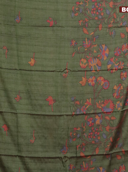 Semi kanchipuram silk saree green shade and red with allover digital prints and zari woven border