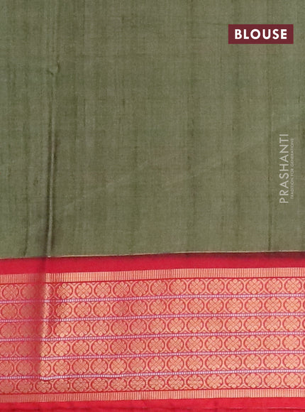 Semi kanchipuram silk saree green shade and red with allover digital prints and zari woven border