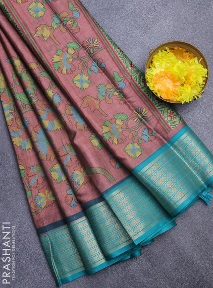 Semi kanchipuram silk saree pastel maroon shade and teal green with allover digital prints and zari woven border