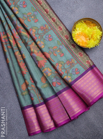 Semi kanchipuram silk saree green shade and purple with allover digital prints and zari woven border