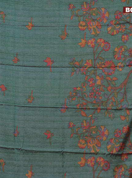 Semi kanchipuram silk saree green shade and purple with allover digital prints and zari woven border