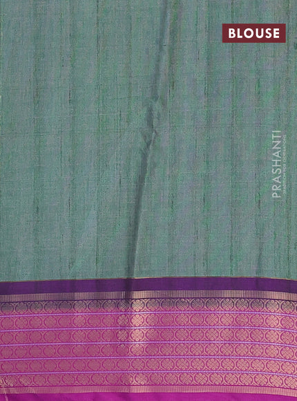 Semi kanchipuram silk saree green shade and purple with allover digital prints and zari woven border