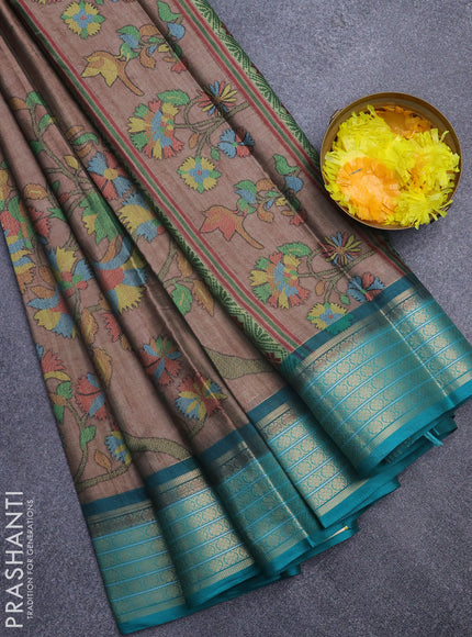 Semi kanchipuram silk saree brown and teal green with allover digital prints and zari woven border