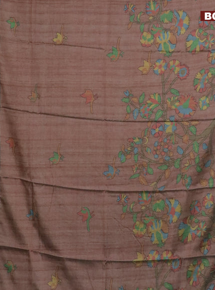 Semi kanchipuram silk saree brown and teal green with allover digital prints and zari woven border