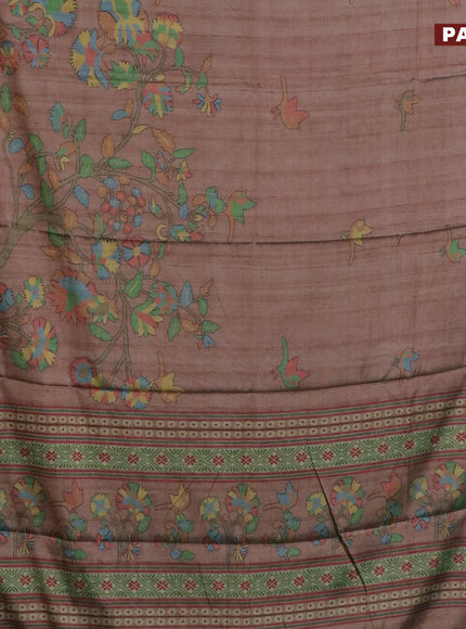 Semi kanchipuram silk saree brown and teal green with allover digital prints and zari woven border