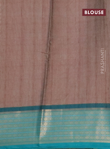 Semi kanchipuram silk saree brown and teal green with allover digital prints and zari woven border