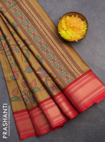 Semi kanchipuram silk saree mustard shade and red with allover digital prints and zari woven border