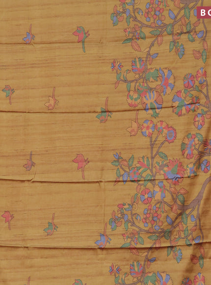 Semi kanchipuram silk saree mustard shade and red with allover digital prints and zari woven border