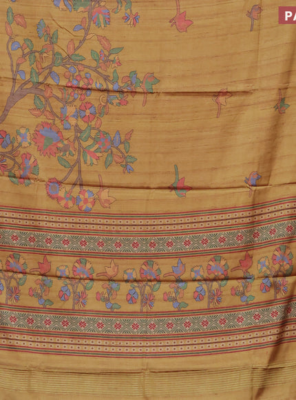 Semi kanchipuram silk saree mustard shade and red with allover digital prints and zari woven border