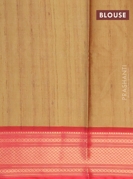 Semi kanchipuram silk saree mustard shade and red with allover digital prints and zari woven border