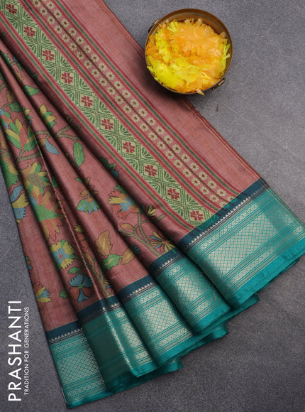 Semi kanchipuram silk saree rosy brown and teal green with allover digital prints and zari woven border