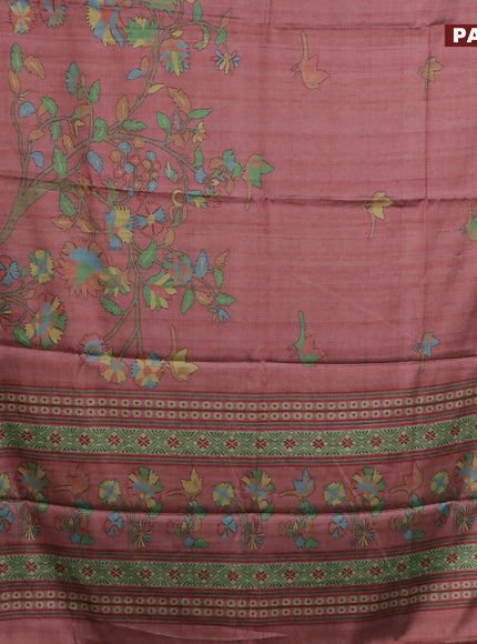 Semi kanchipuram silk saree rosy brown and teal green with allover digital prints and zari woven border