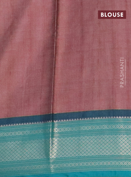 Semi kanchipuram silk saree rosy brown and teal green with allover digital prints and zari woven border