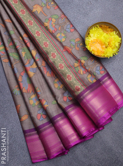 Semi kanchipuram silk saree grey and purple with allover digital prints and zari woven border