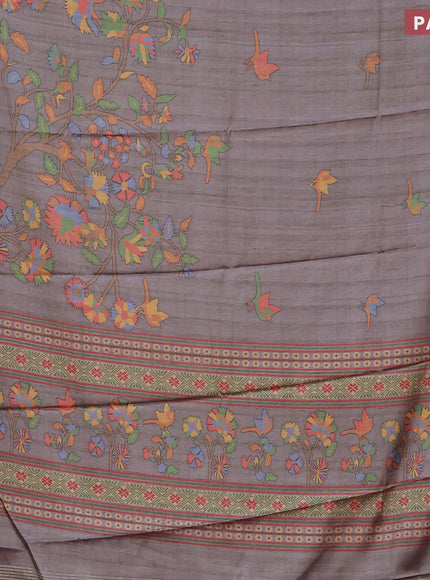 Semi kanchipuram silk saree grey and purple with allover digital prints and zari woven border