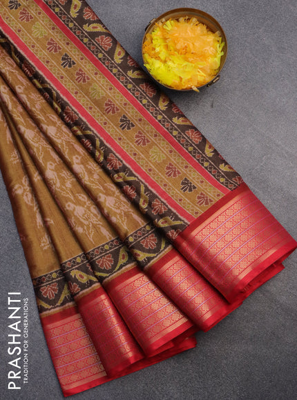 Semi kanchipuram silk saree mustard shade and red with butta prints and zari woven border