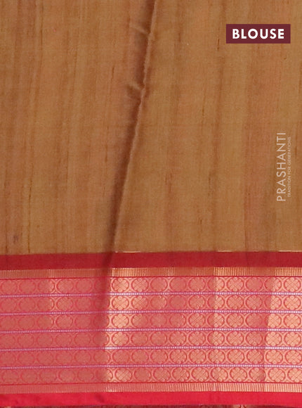 Semi kanchipuram silk saree mustard shade and red with butta prints and zari woven border