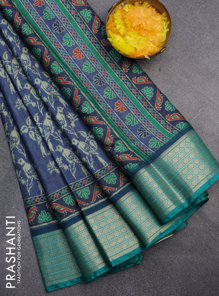 Semi kanchipuram silk saree blue and teal green with butta prints and zari woven border