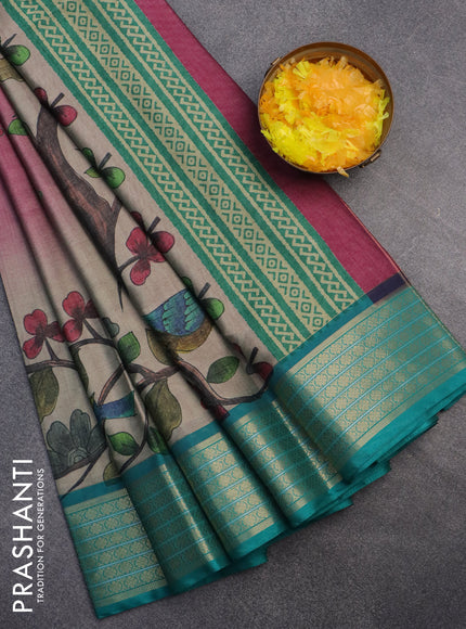 Semi kanchipuram silk saree grey pink and teal green with allover digital prints and zari woven border