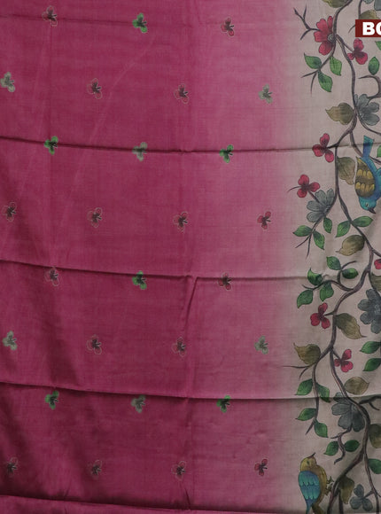 Semi kanchipuram silk saree grey pink and teal green with allover digital prints and zari woven border