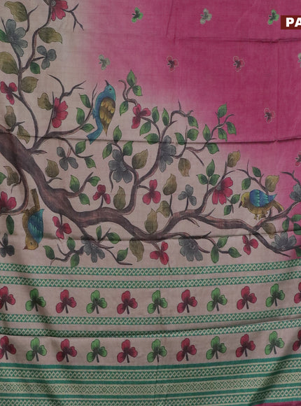 Semi kanchipuram silk saree grey pink and teal green with allover digital prints and zari woven border