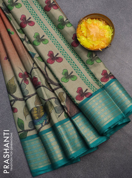 Semi kanchipuram silk saree beige rustic orange and teal green with allover digital prints and zari woven border