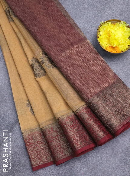 Banarasi semi matka saree sandal and maroon with antique zari woven buttas and antique zari border