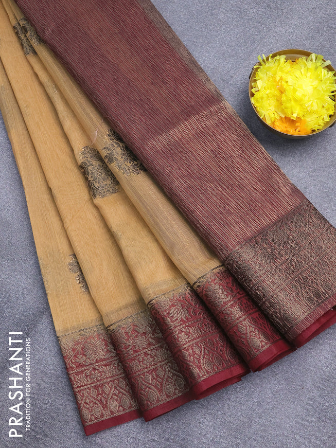 Banarasi semi matka saree sandal and maroon with antique zari woven buttas and antique zari border