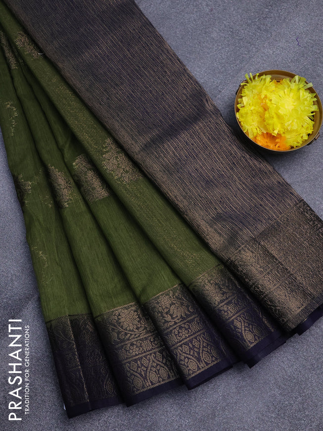 Banarasi semi matka saree green and dark blue with antique zari woven buttas and antique zari border