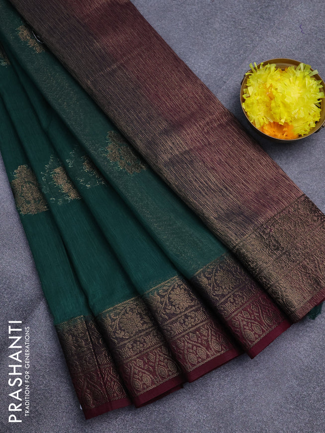 Banarasi semi matka saree green and dark magenta pink with antique zari woven buttas and antique zari border