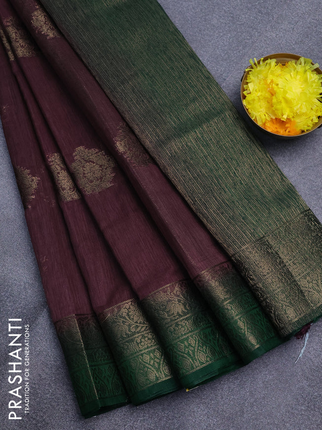 Banarasi semi matka saree wine shade and green with antique zari woven buttas and antique zari border