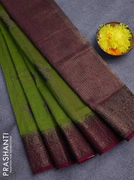 Banarasi semi matka saree light green and magenta pink with antique zari woven buttas and antique zari border