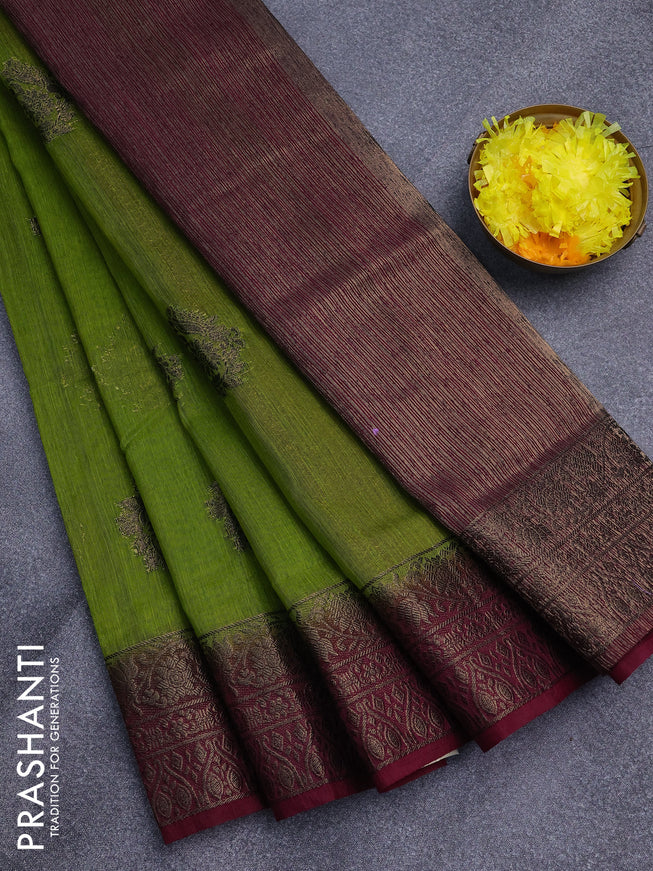 Banarasi semi matka saree light green and magenta pink with antique zari woven buttas and antique zari border