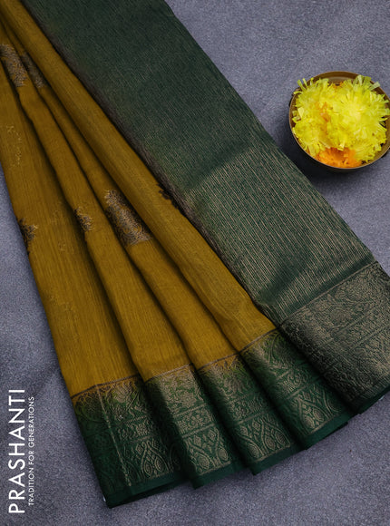 Banarasi semi matka saree mustard yellow and green with antique zari woven buttas and antique zari border