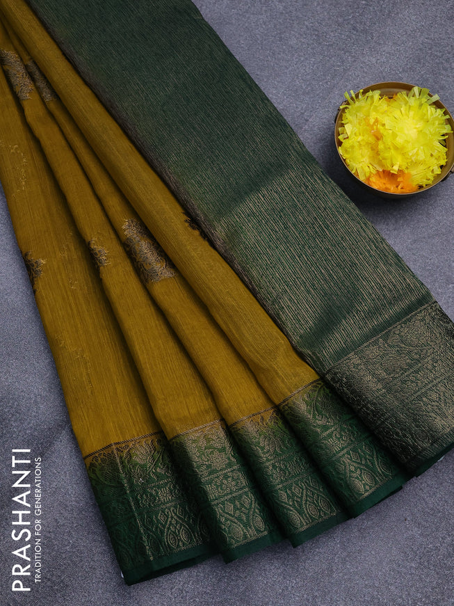 Banarasi semi matka saree mustard yellow and green with antique zari woven buttas and antique zari border