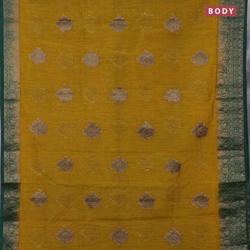 Banarasi semi matka saree mustard yellow and green with antique zari woven buttas and antique zari border