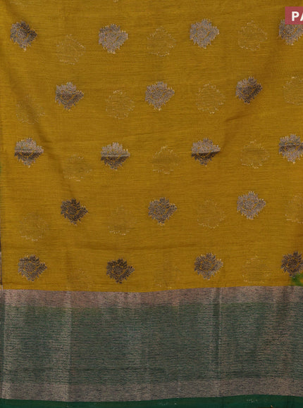 Banarasi semi matka saree mustard yellow and green with antique zari woven buttas and antique zari border