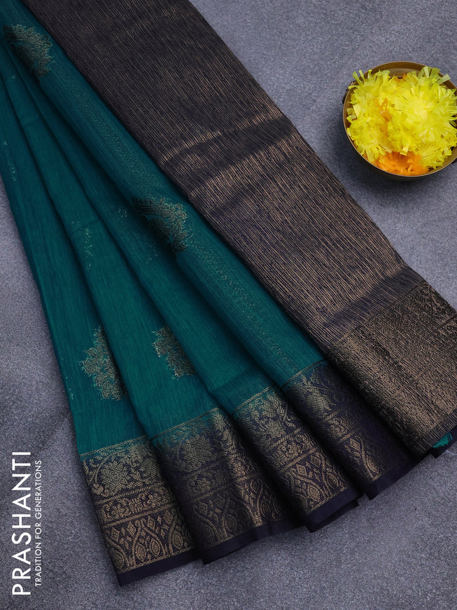 Banarasi semi matka saree teal blue and dark blue with antique zari woven buttas and antique zari border