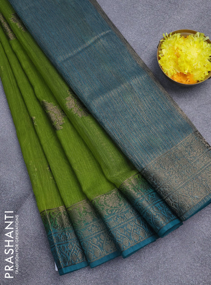 Banarasi semi matka saree light green and teal blue with antique zari woven buttas and antique zari border