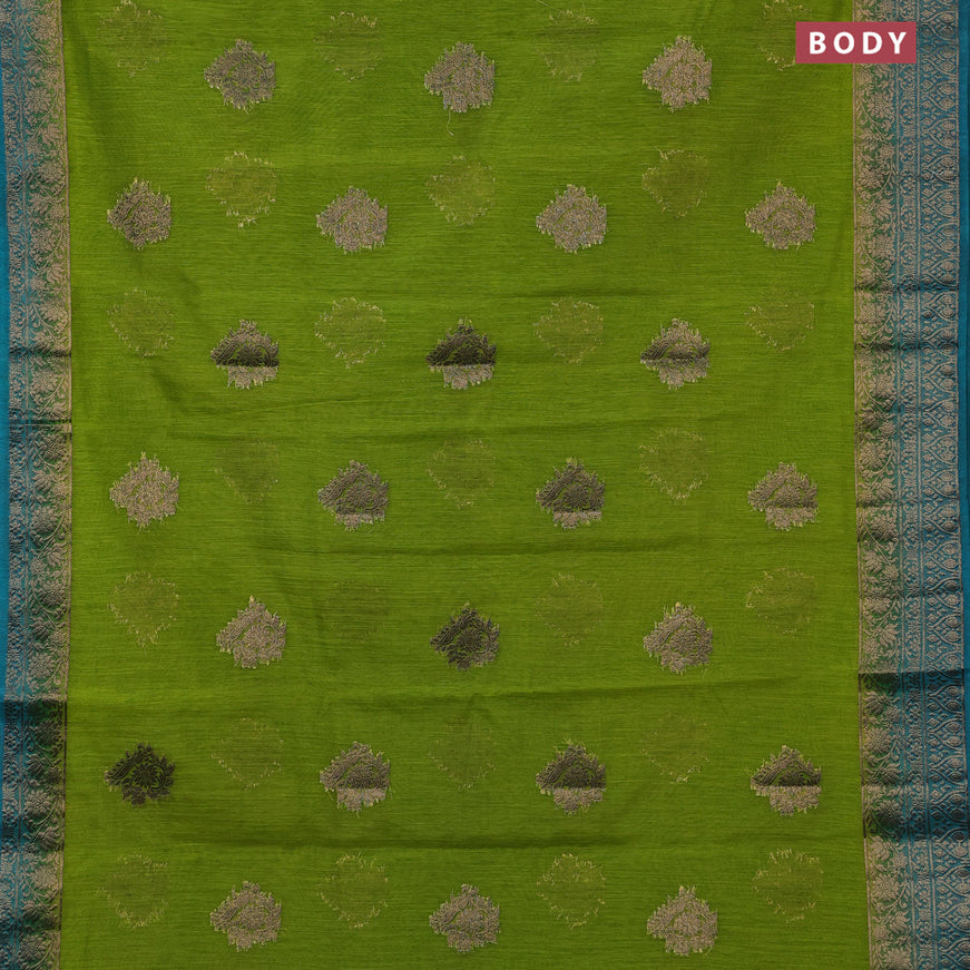 Banarasi semi matka saree light green and teal blue with antique zari woven buttas and antique zari border