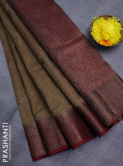 Banarasi semi matka saree chikku shade and maroon with antique zari woven buttas and antique zari border