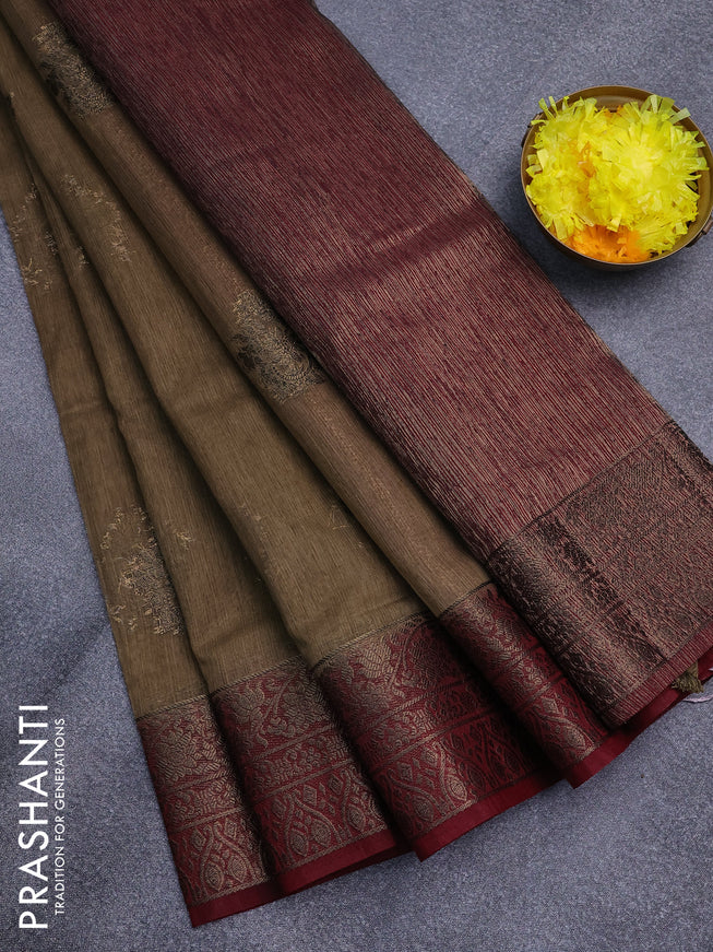 Banarasi semi matka saree chikku shade and maroon with antique zari woven buttas and antique zari border