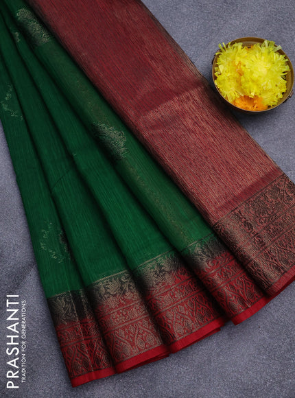 Banarasi semi matka saree green and red with antique zari woven buttas and antique zari border