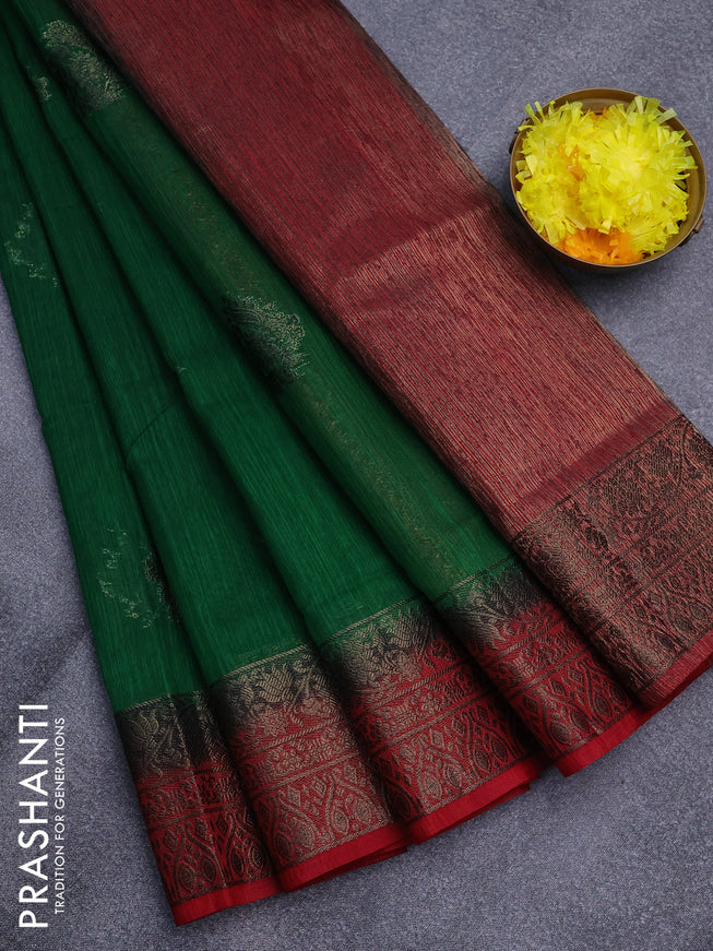 Banarasi semi matka saree green and red with antique zari woven buttas and antique zari border