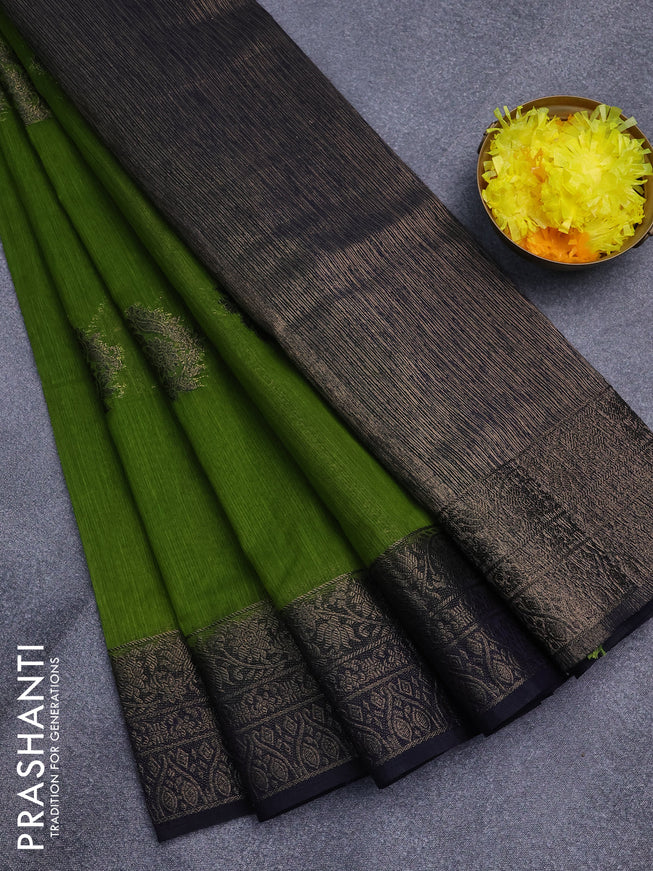 Banarasi semi matka saree light green and navy blue with antique zari woven buttas and antique zari border