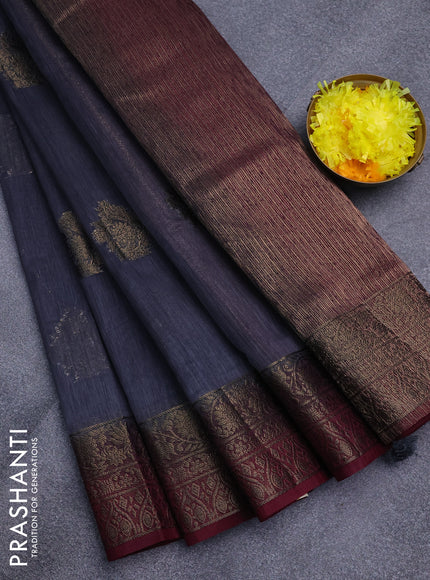 Banarasi semi matka saree grey and dark magenta pink with antique zari woven buttas and antique zari border