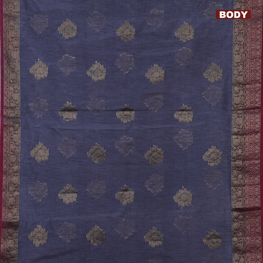 Banarasi semi matka saree grey and dark magenta pink with antique zari woven buttas and antique zari border