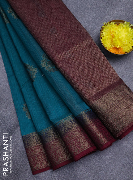 Banarasi semi matka saree teal blue and dark magenta pink with antique zari woven buttas and antique zari border